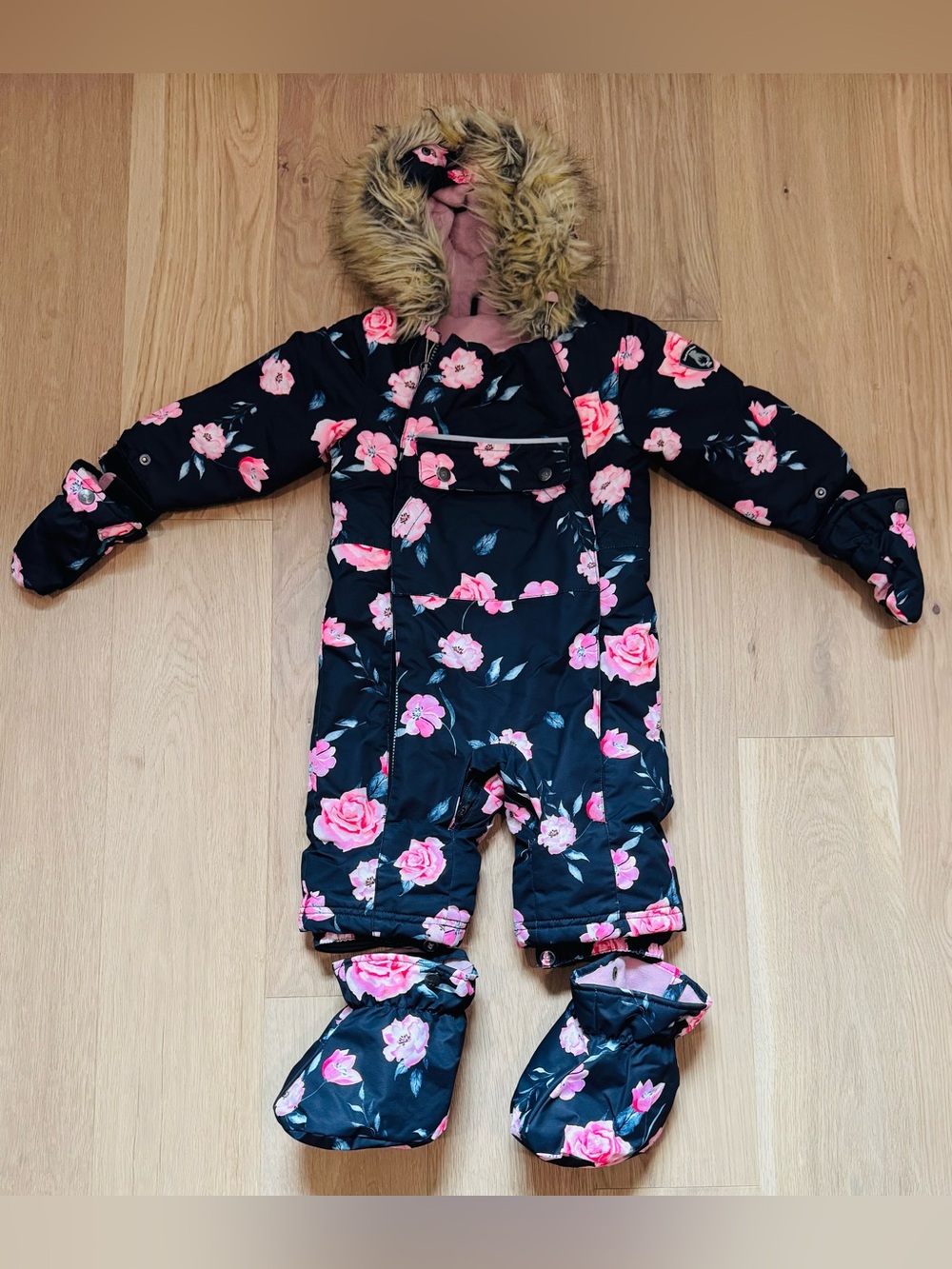 deux par deux Black Floral Cozy One-Piece Snowsuit with Faux-Fur Hood